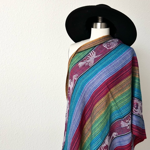 VINTAGE MACHU PICCHU RAINBOW STRIPE EMBROIDRED OVERSIZED SCARF SHAWL - Picture 2 of 10